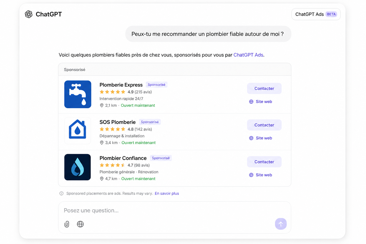Exemple de résultats sponsorisés ChatGPT Ads pour une recherche de plombier local