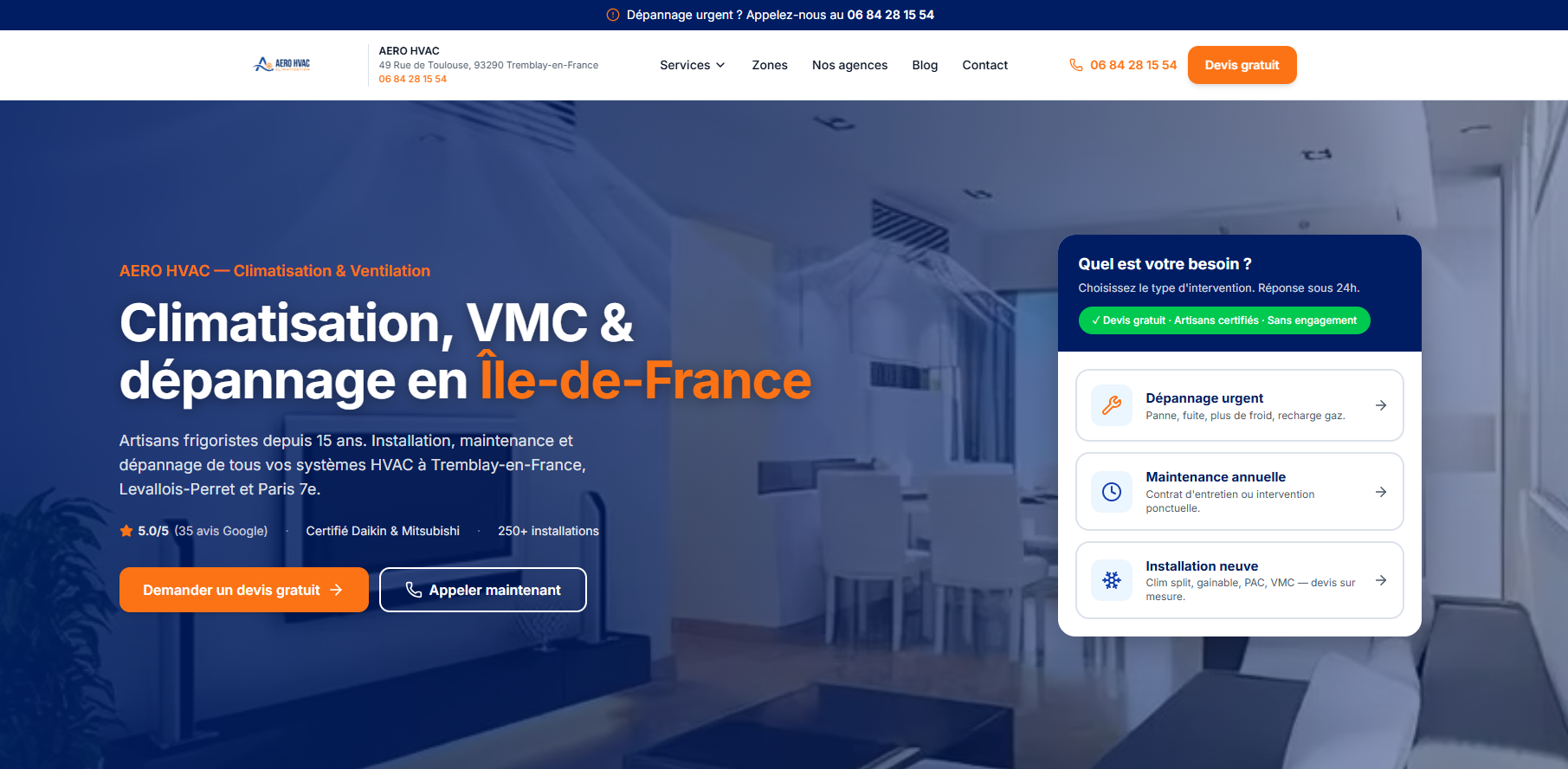 Aperçu du site AERO HVAC réalisé par Outil Digital