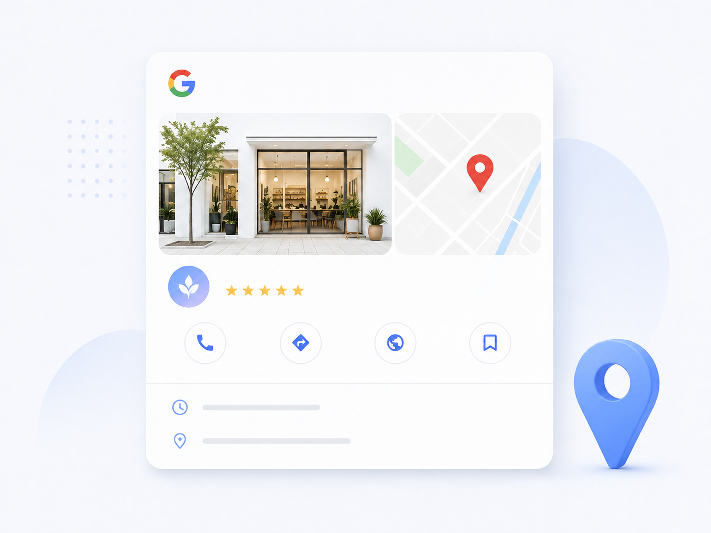 Illustration d'une fiche Google Business Profile optimisée : photos, avis 5 étoiles, itinéraire, appel et site web